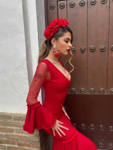 Vestido Flamenca Mangas Encaje Rojo