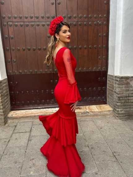 Vestido Flamenca Mangas Encaje Rojo