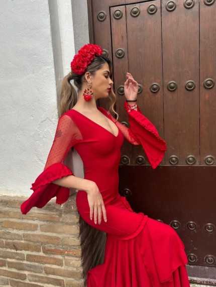 Vestido Flamenca Mangas Encaje Rojo